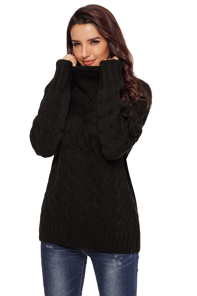 Black Cable Knit High Neck Sweater for Women