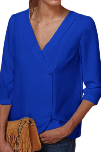Royal Blue Button Back Lapel V Neck Blouse