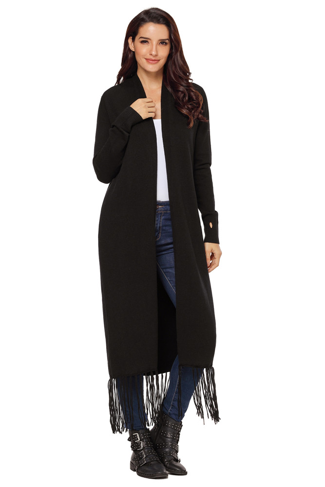 Black Fringe Hemline Longline Knitted Cardigan