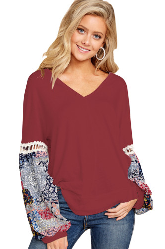 Printed Bubble Sleeve Splice Scarlet Tunic Top