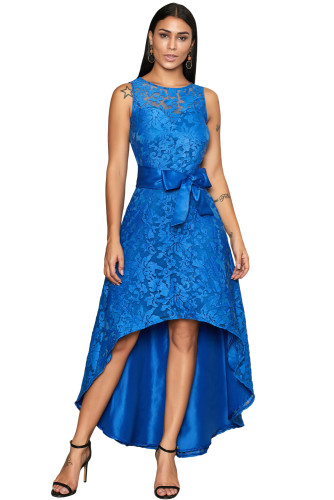 Royal Blue Sleeveless Lace Overlay Bow Sash Party Dress