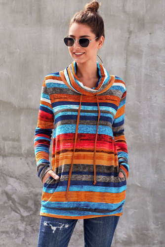 Vibrant Multicolor Cowl Neck Striped Long Sleeve Sweatshirt