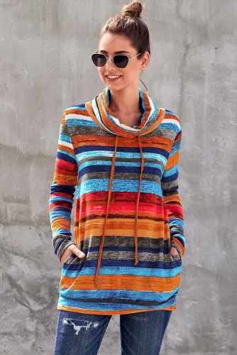 Vibrant Multicolor Cowl Neck Striped Long Sleeve Sweatshirt