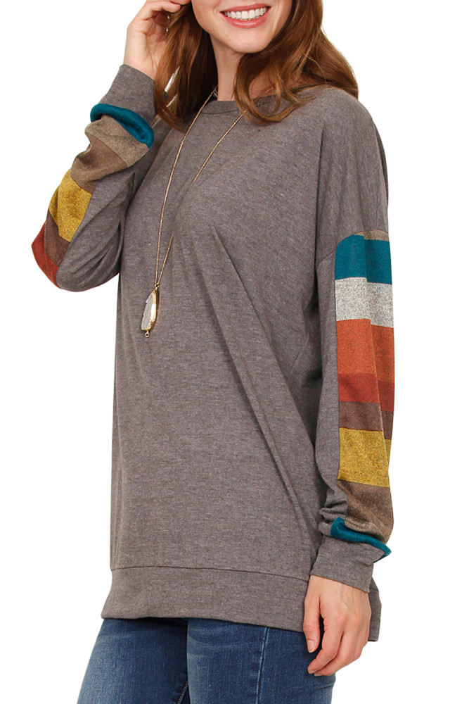 Multicolor Striped Contrast Sleeve Coffee Sweatshirt