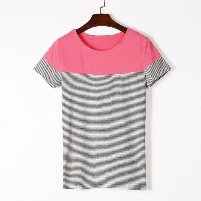 Pink Color Block Striped Short Sleeve T-shirt