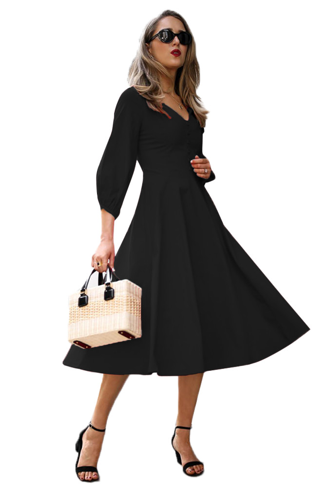 Black Button Front Balloon Sleeve Vintage Dress