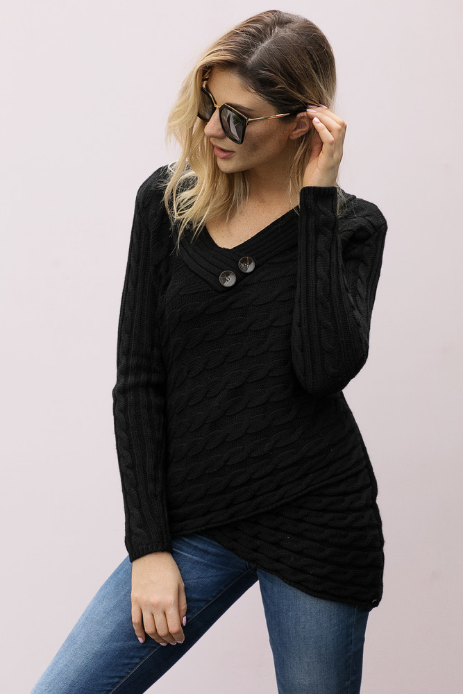 Black Buttoned Sweetheart Neck Cable Knit Sweater