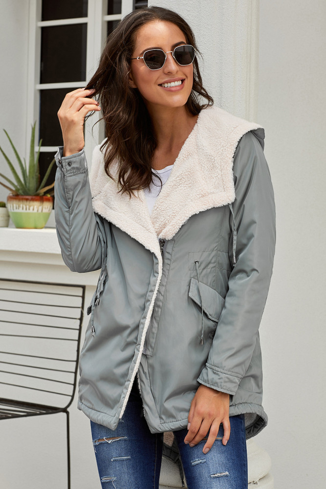 Gray Asymmetric Hooded Fleece Winter Coat