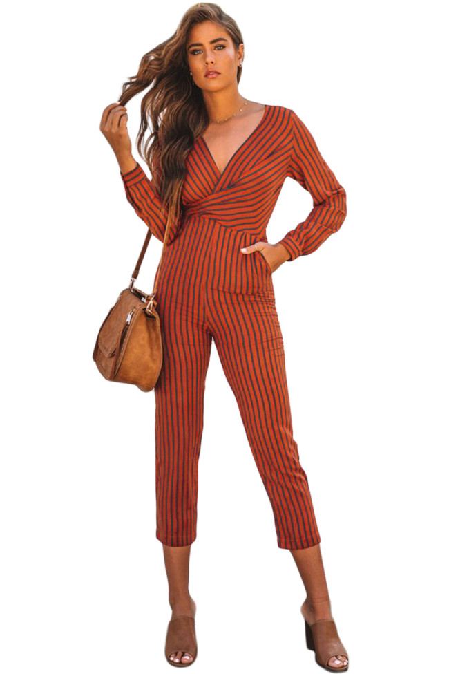 Red Striped Wrap V Neck Long Sleeve Jumpsuit