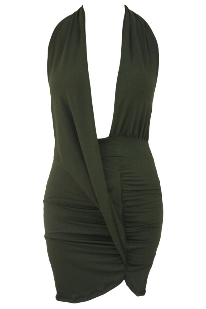Olive Daring Plunge Ruched Halter Dress