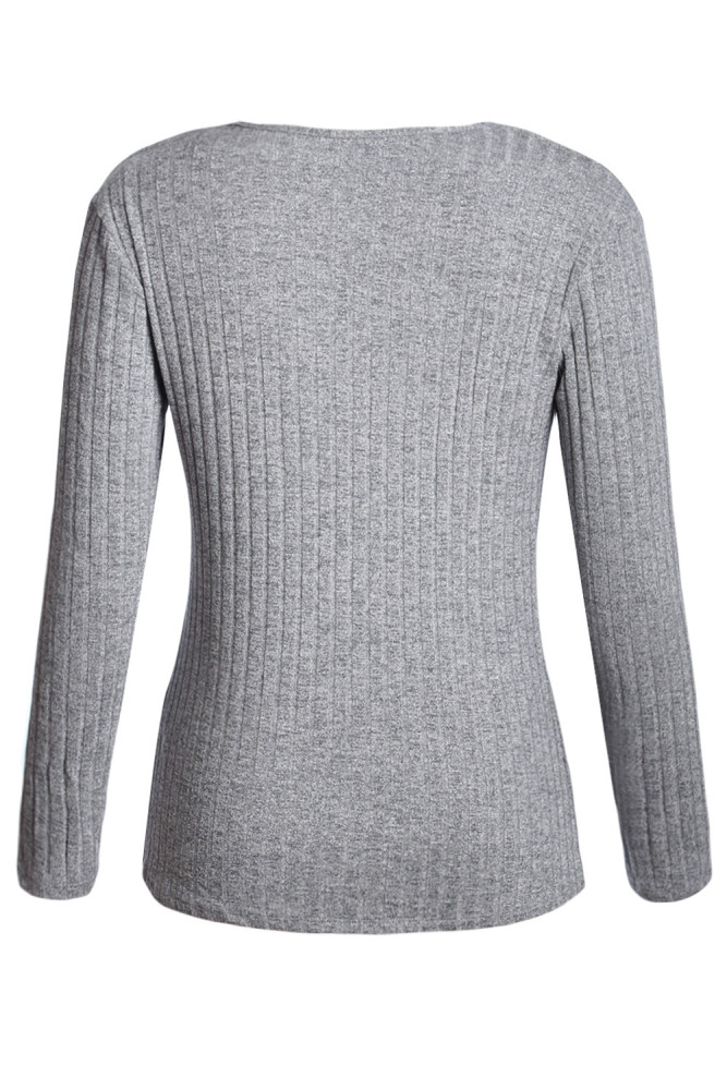 Gray Ribbed V Neck Cold Shoulder Top