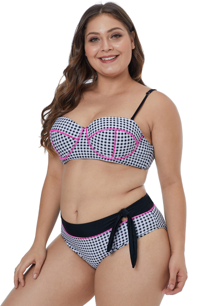 Contrast Piping Tartan Printed Pattern Plus Size Bikini