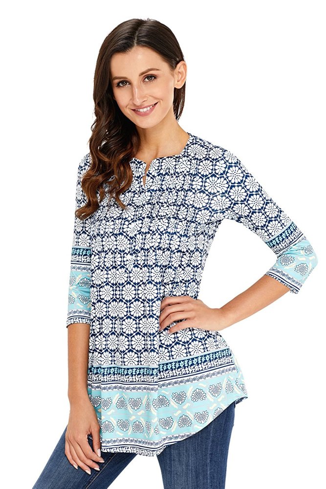White Floral Notch Neck Pin-tuck Tunic