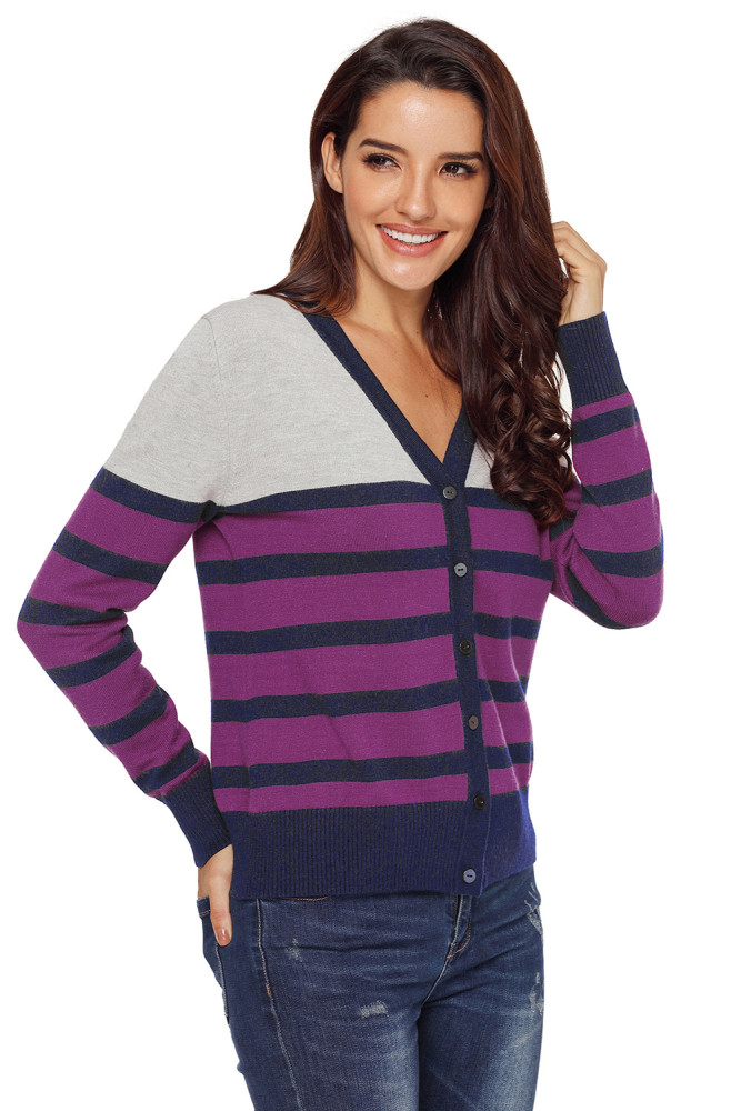 Plum Striped Grey Fuchsia Lightweight Knitted Cardigan
