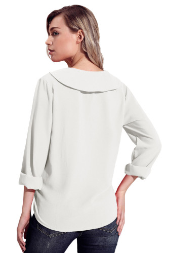 White Lapel V Neck Roll Sleeve Blouse