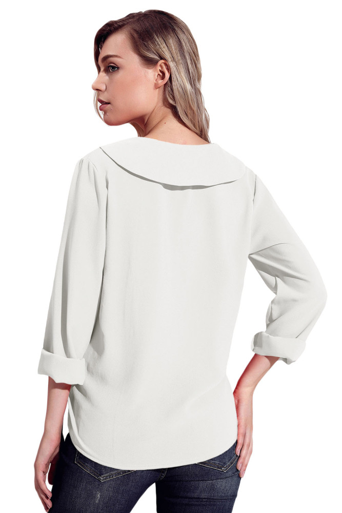 White Lapel V Neck Roll Sleeve Blouse