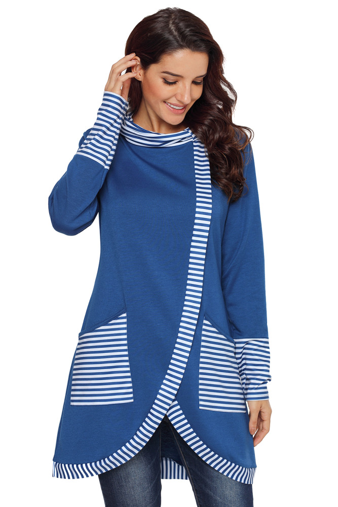 Navy Asymmetric Striped Cowl Neck Top