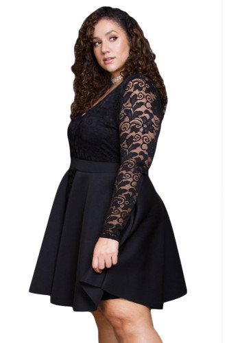 Black Floral Lace Patchwork Flared Curvy Dress