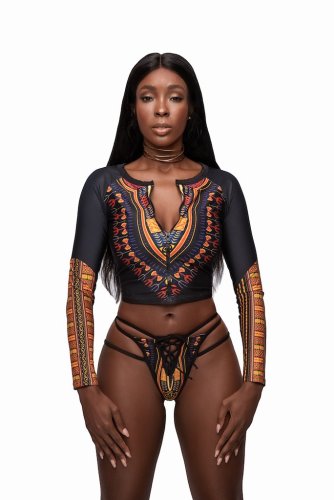 Black African Print Zipped Tankini and Strappy Lace Up Swimsuit