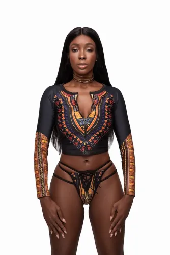 Black African Print Zipped Tankini and Strappy Lace Up Swimsuit