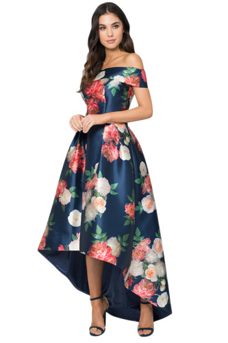 Navy Satin Floral Off Shoulder Prom Dress