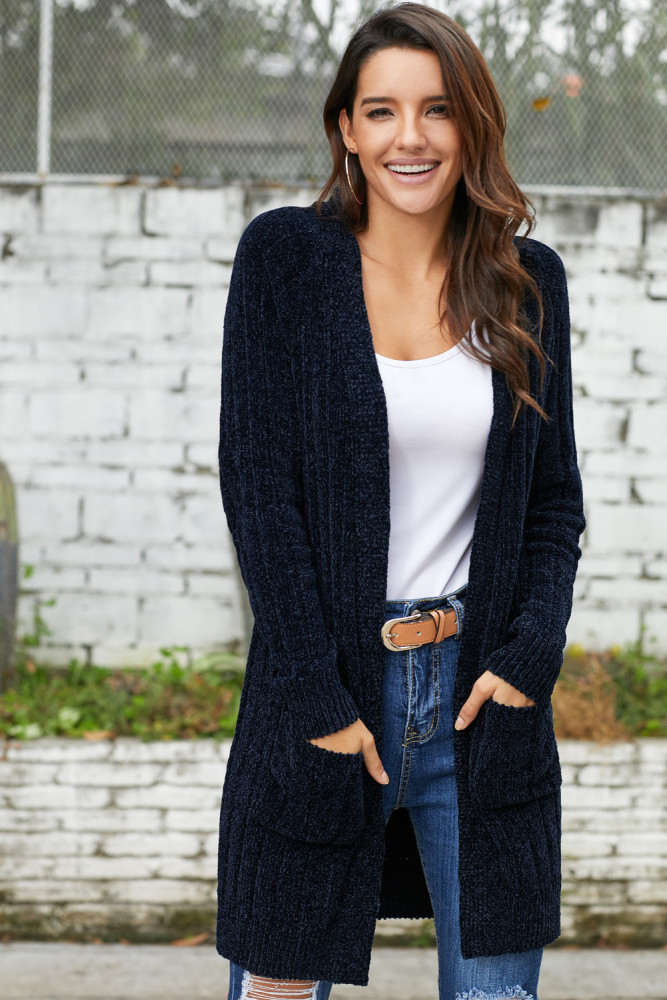 Navy Velvet Chenille Cardigan for Women