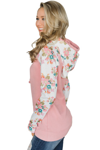 Floral Splice Pink Striped Drawstring Hoodie