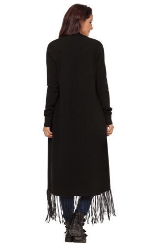 Black Fringe Hemline Longline Knitted Cardigan