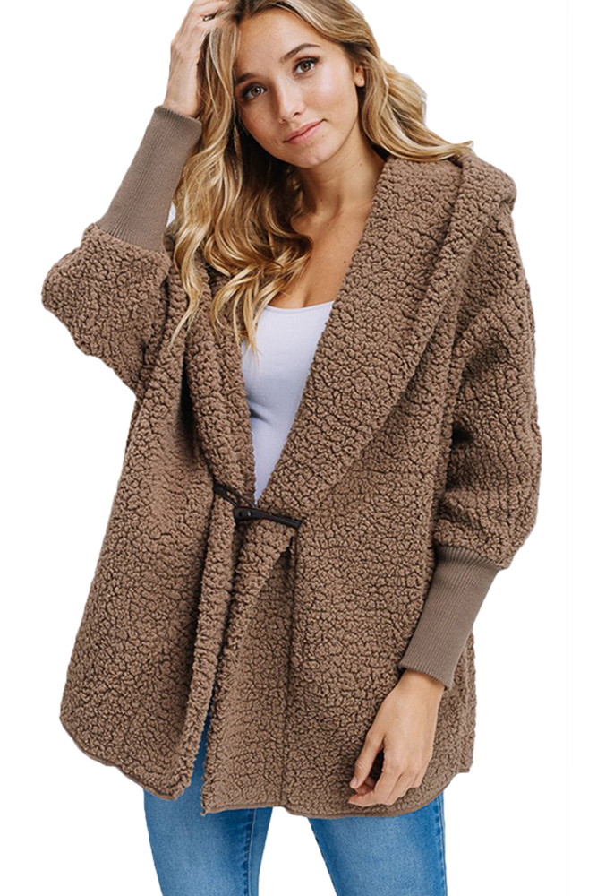 Coffee Woolen Fur Horn Button Oversize Jacket