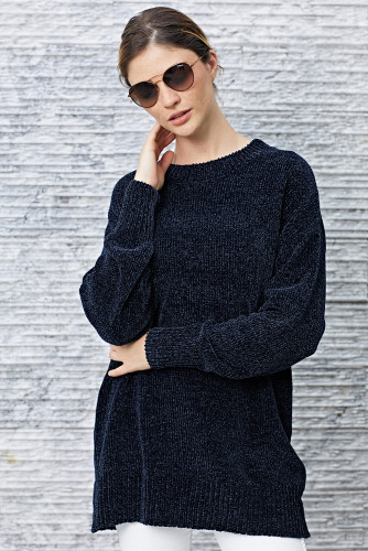 Navy Blue Cozy Scoop Neck Velvet Sweater