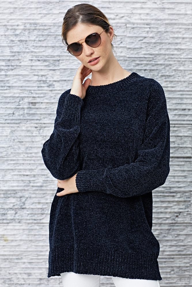 Navy Blue Cozy Scoop Neck Velvet Sweater