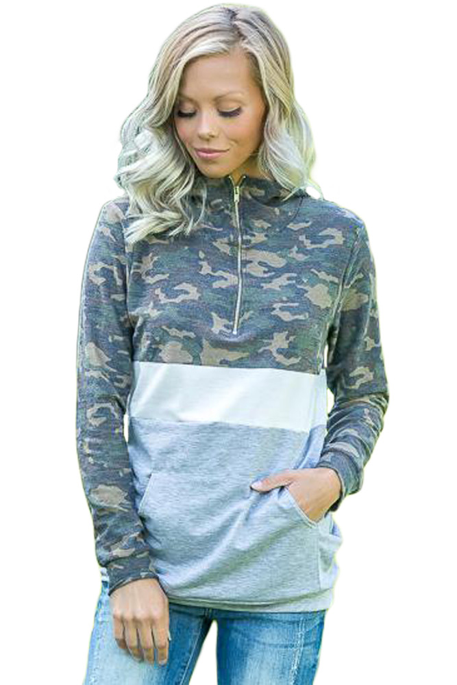 Camo White Gray Color Block Hoodie