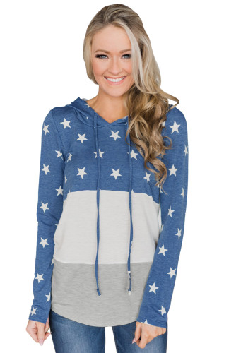 Navy Starry Splice Colorblock Drawstring Hoodie