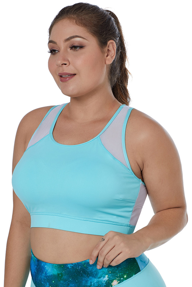 Light Blue Sheer Mesh Back Plus Size Sports Bra