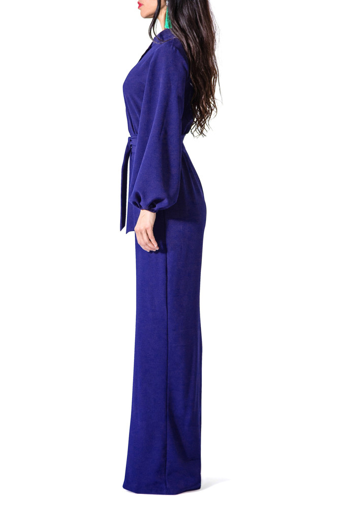 Indigo Lantern Sleeve Belted Wide Leg Jumpsuit