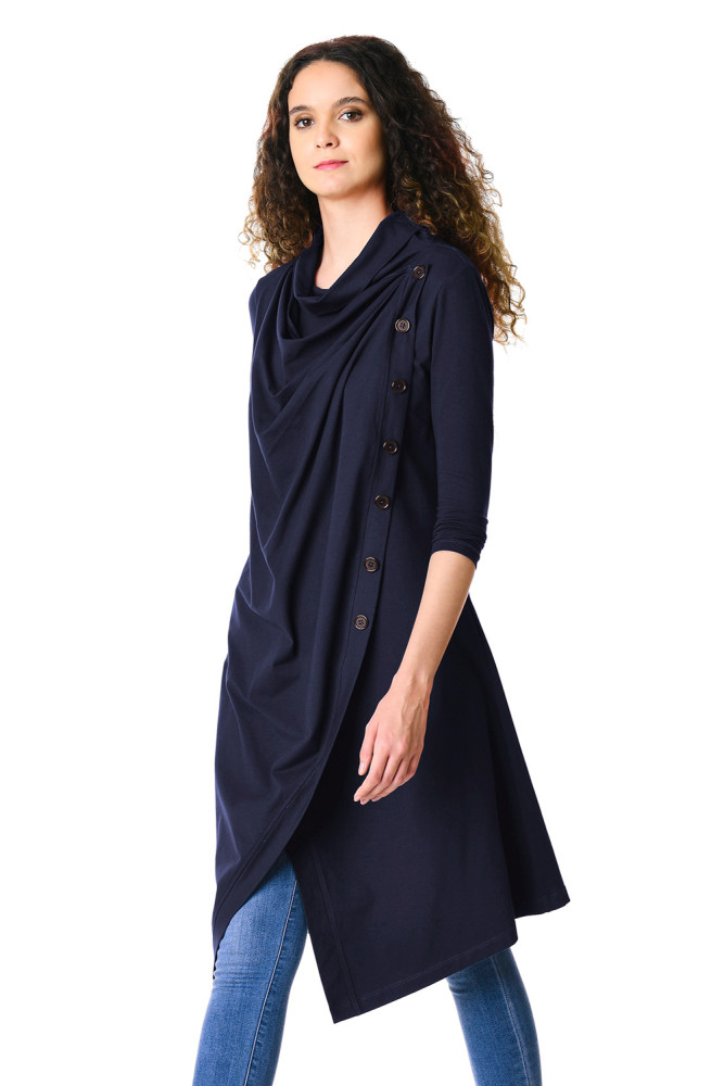 Navy Blue Cowl Neck Asymmetric Wrap Long Tunic