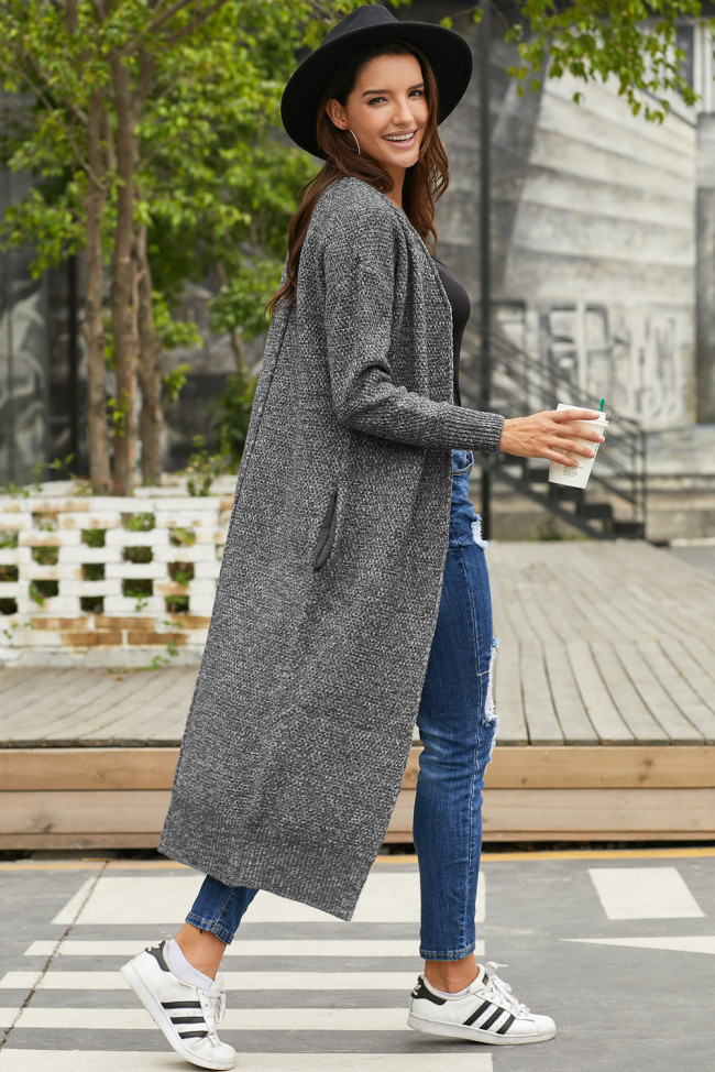 Gray Open Front Knit Long Cardigan