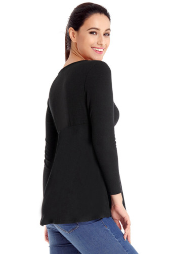 Black Pleated Long Sleeve V Neck Flared Top