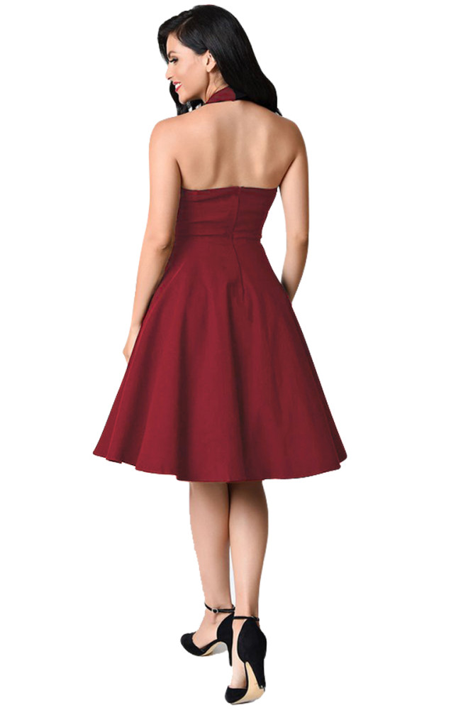 Burgundy Cross Halter Vintage Flare Dress