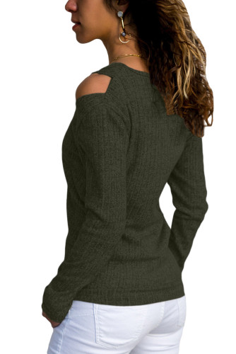 Olive Ribbed V Neck Cold Shoulder Top