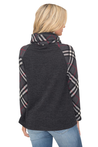 Plaid Sleeve and Cowl Neck Charcoal Drawstring Sweatshirt