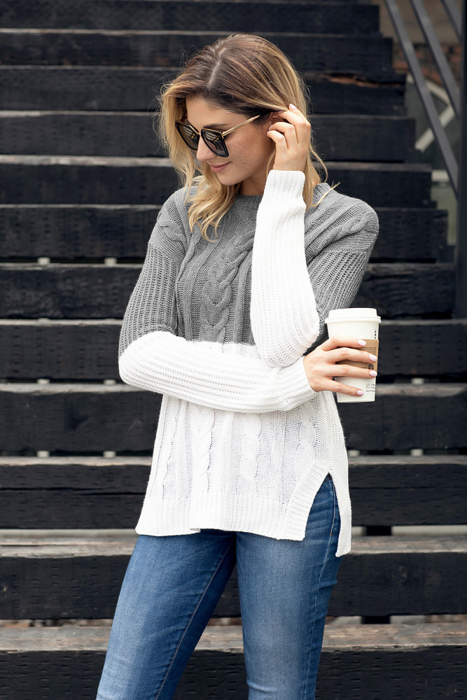 Gray White Colorblock Cable Knit Sweater