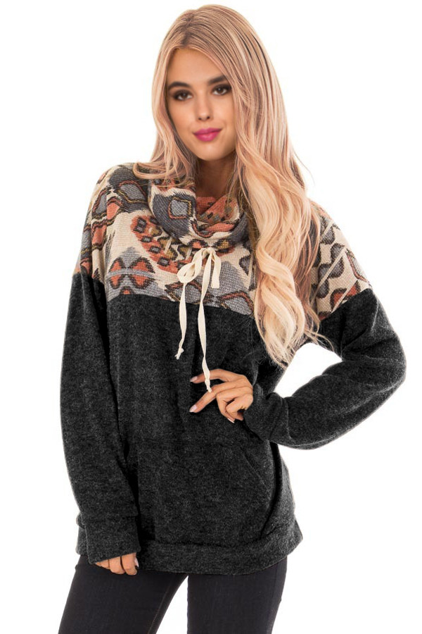 Black Tribal Cowl Neck Kangaroo Pocket Sweatshirt