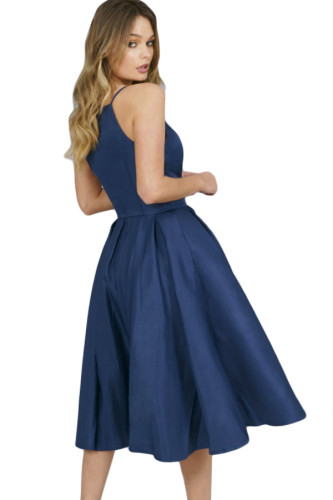 Navy Blue Spaghetti Strap High Neck Midi Dress