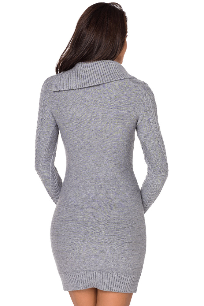 Asymmetric Buttoned Collar Grey Bodycon Sweater Dres