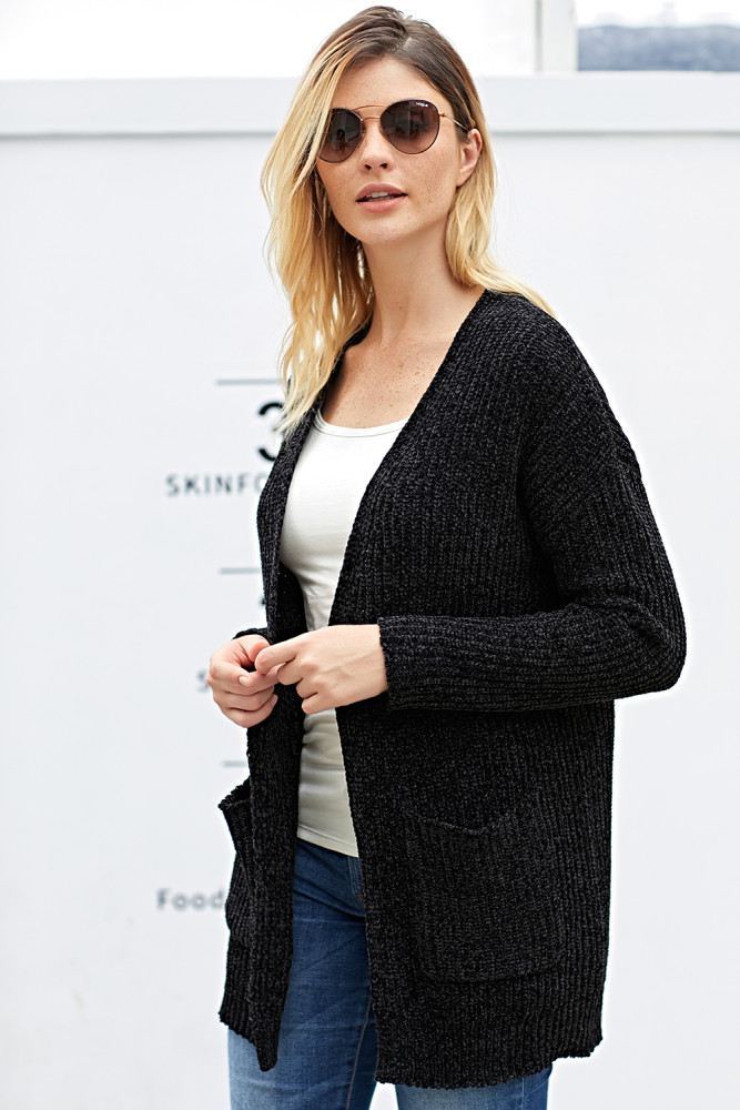Black Long Sleeved Sweater Cardigan with Pockets