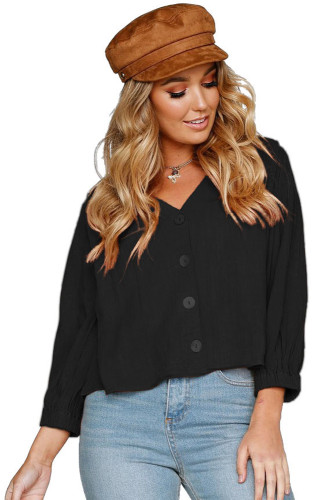 Black Button Down V Neck Chunky Linen Top