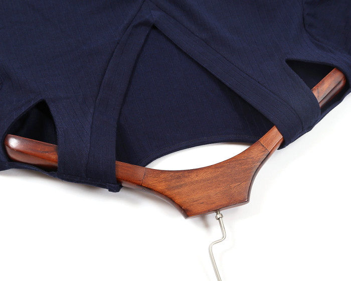 Navy Blue Ribbed V Neck Cold Shoulder Top