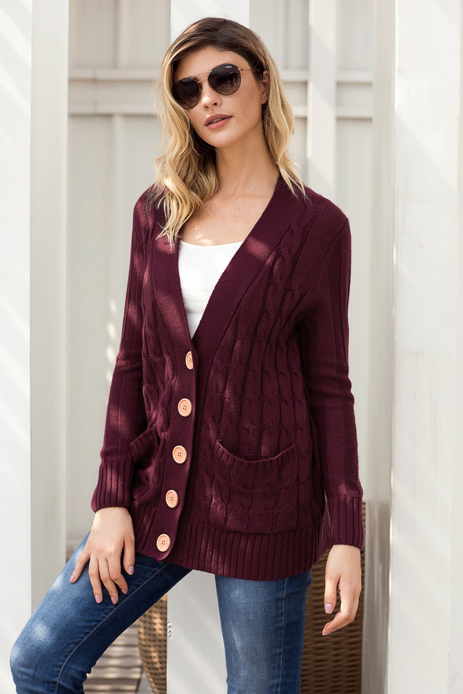 Wine Wooden Button Cardigan