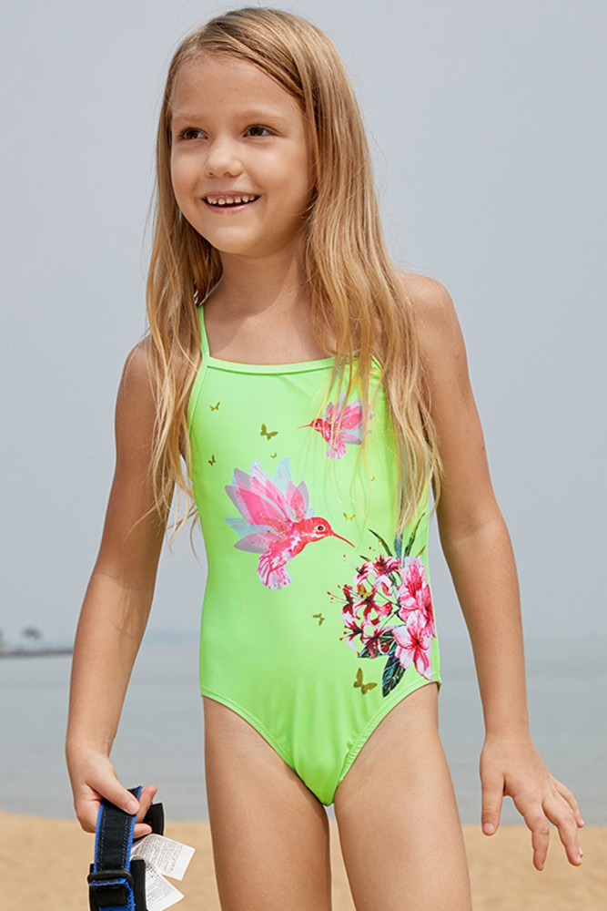 Neon Green Floral and Birds Little Girls One-piece Swimwear